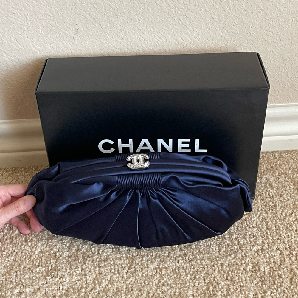 💯% Authentic Chanel Blue Satin Crystal CC Clutch